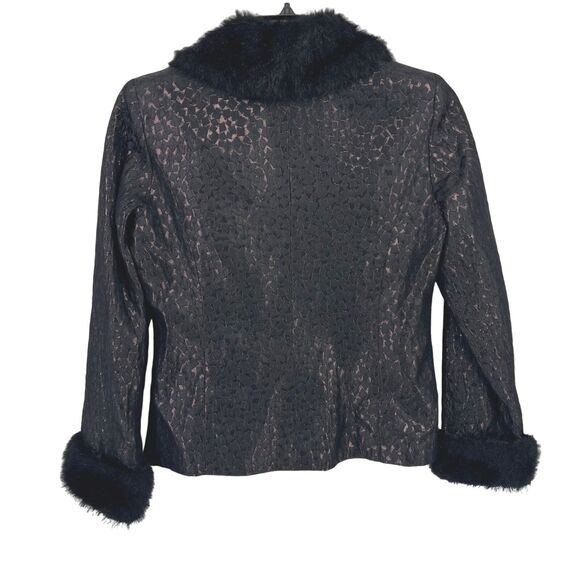 Victor Costa Metallic Geometric Faux Fur Neck Jewel Button Jacket Womens Size 10 - Picture 4 of 5